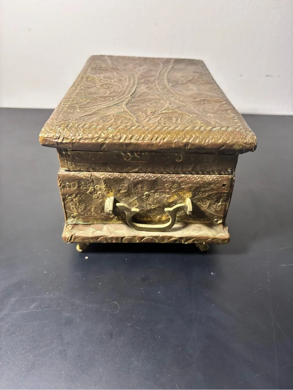 Vintage Embossed Metal Trinket Box, Hinged Lid, Latch, Velvet Lined Interior